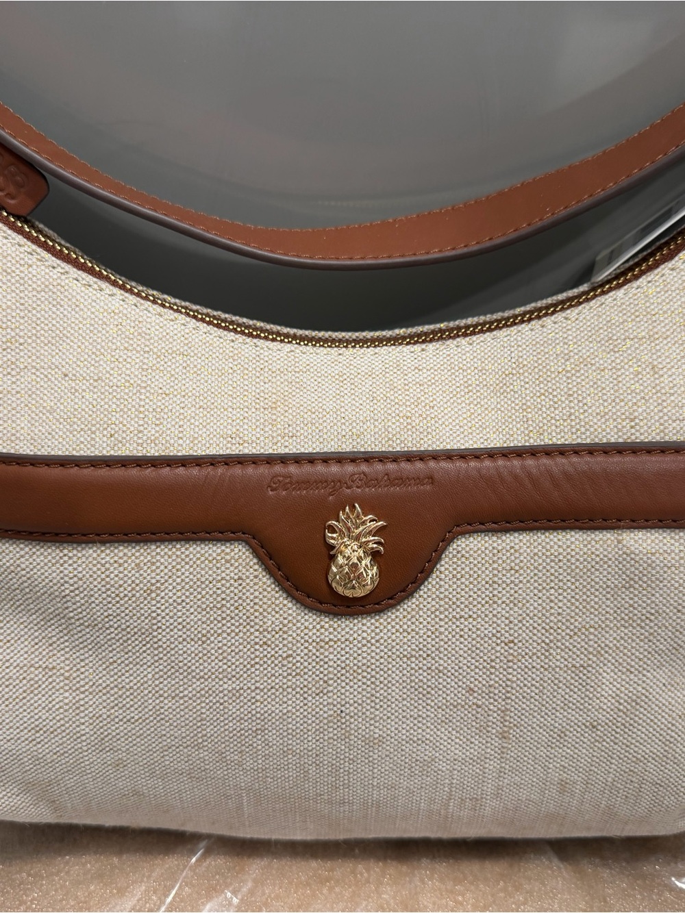 Tommy Bahama Beige Canvas Shoulder Bag with Brown Leather Trim